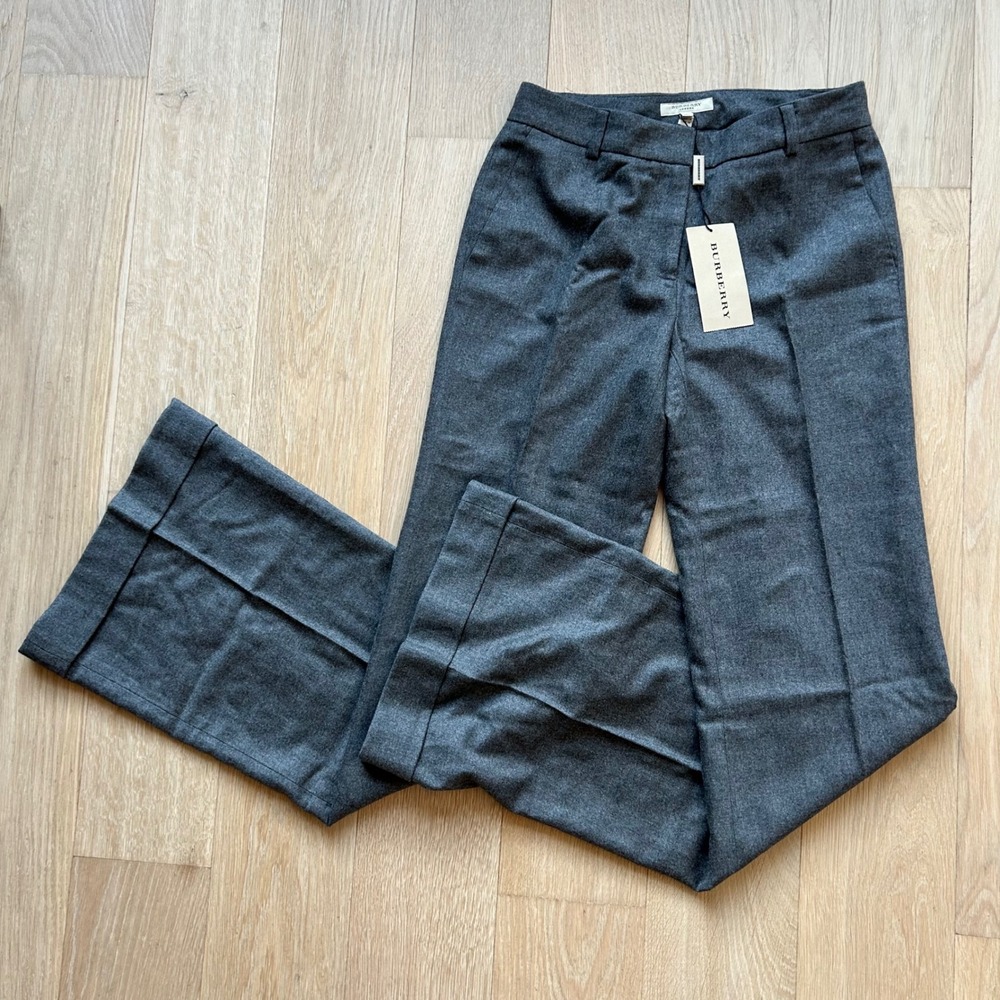 NWT Burberry High Waisted Trousers Women 4 Grey Wool Wide Leg Pants Preppy - Picture 1 of 16